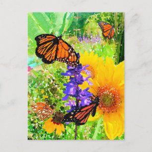 Watercolor Monarch Butterfly Sunflower Garden Postcard