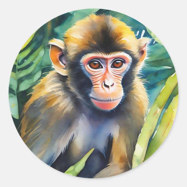 Watercolor Monkey Animal Classic Round Sticker (Front)