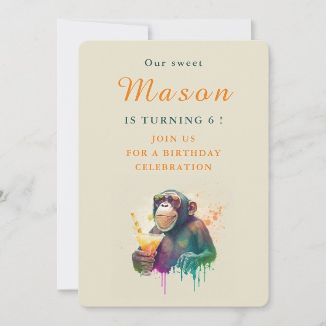 Watercolor Monkey - Birthday Invitation Card (Front)