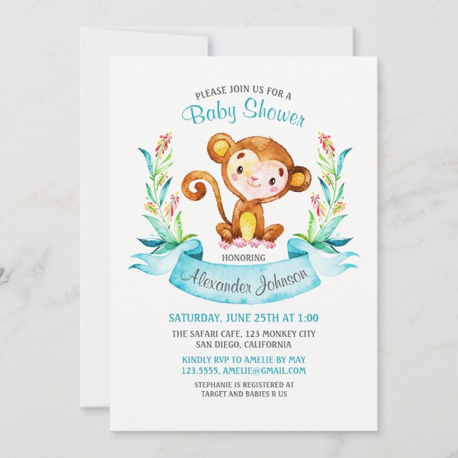 Watercolor Monkey Boy Baby Shower Invitation (Front)