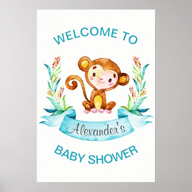 Watercolor Monkey Boy Baby Shower Poster (Front)