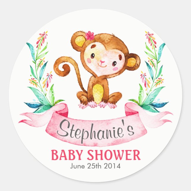 Watercolor Monkey Girl Baby Shower Classic Round Sticker (Front)