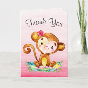 Watercolor Monkey Girl Thank You Card