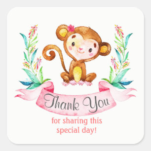 Watercolor Monkey Girl Thank You Square Sticker