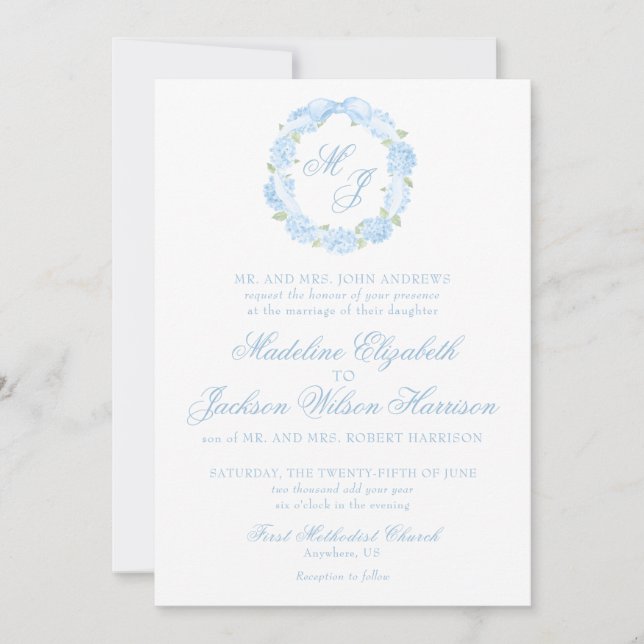 Watercolor Monogram Blue Hydrangea Wreath Wedding Invitation (Front)