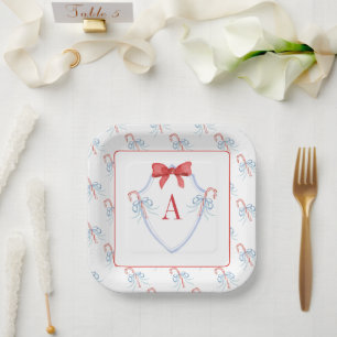 Watercolor Monogram Bow Candy Cane Crest Paper Plate