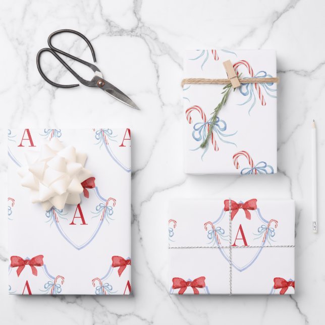 Watercolor Monogram Bow Candy Cane Crest Wrapping Paper Sheet (Front)