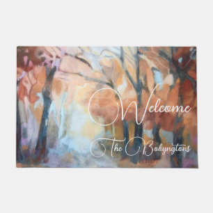 Watercolor monogram brown orange yellow fall trees doormat