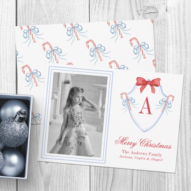 Watercolor Monogram Candy Cane Crest Photo Holiday Card (Creator Uploaded)