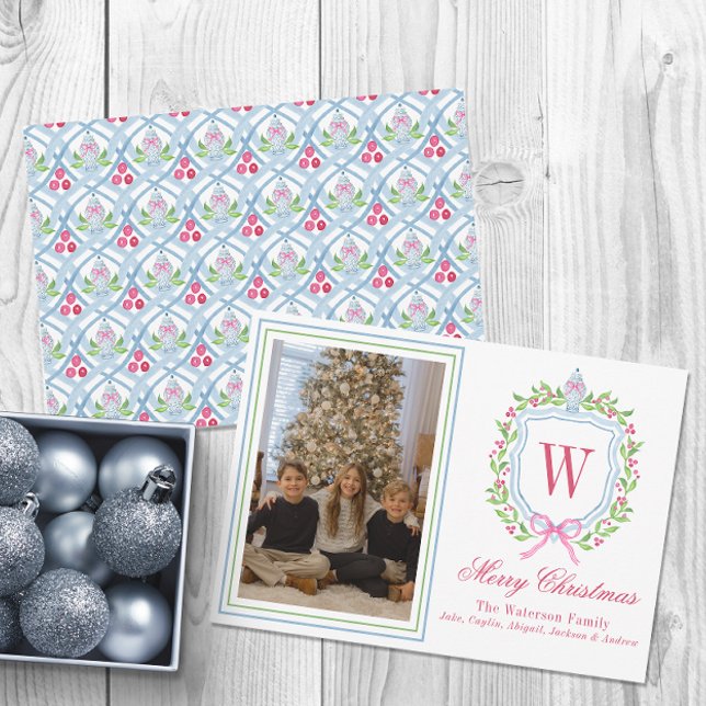 Watercolor Monogram Chinoiserie Jar Crest Photo Holiday Card (Creator Uploaded)