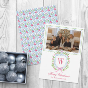 Watercolor Monogram Chinoiserie Jar Crest Photo Holiday Card