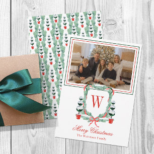 Watercolor Monogram Christmas Topiary Crest Photo Holiday Card