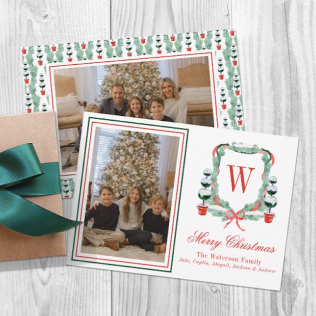 Watercolor Monogram Christmas Topiary Crest Photo Holiday Card (Creator Uploaded)