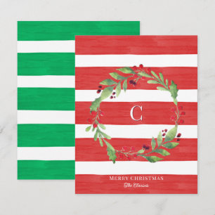 Watercolor Monogram Christmas Wreath Striped Card