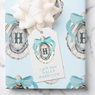 Watercolor Monogram Coastal Blue Bow Oyster Gift Tags