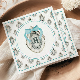 Watercolor Monogram Coastal Blue Bow Oyster Napkin