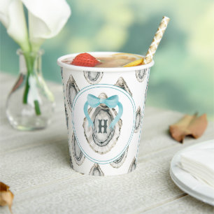 Watercolor Monogram Coastal Blue Bow Oyster Paper Cups