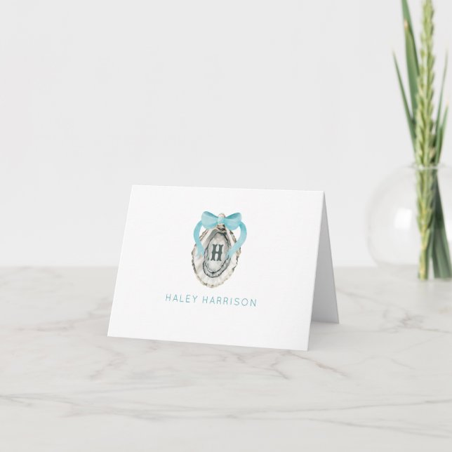 Watercolor Monogram Coastal Oyster Thank You Card (Front)