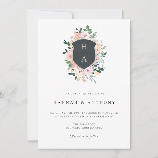 Watercolor Monogram Crest Wedding invitation (Front)