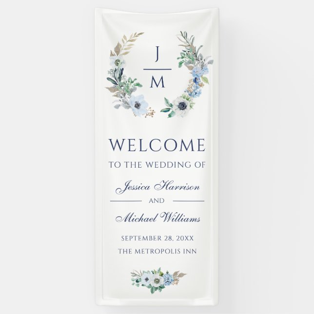 Watercolor Monogram Elegant Floral Wreath Wedding Banner (Vertical)