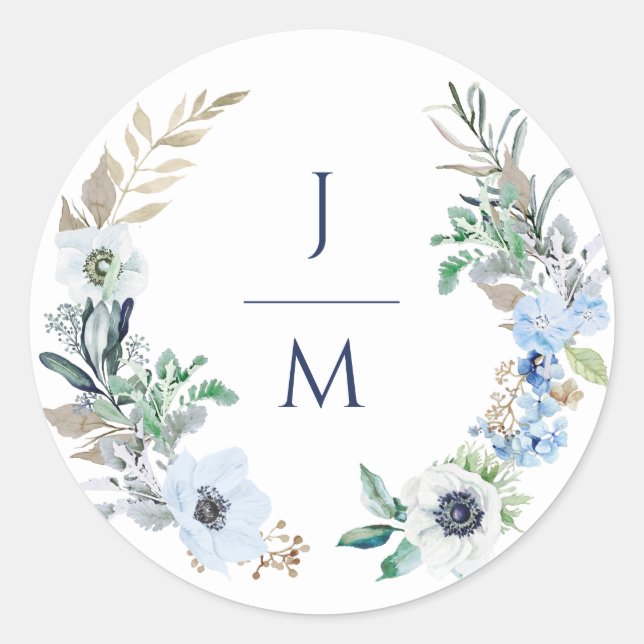 Watercolor Monogram Floral Wreath Wedding Classic Round Sticker (Front)
