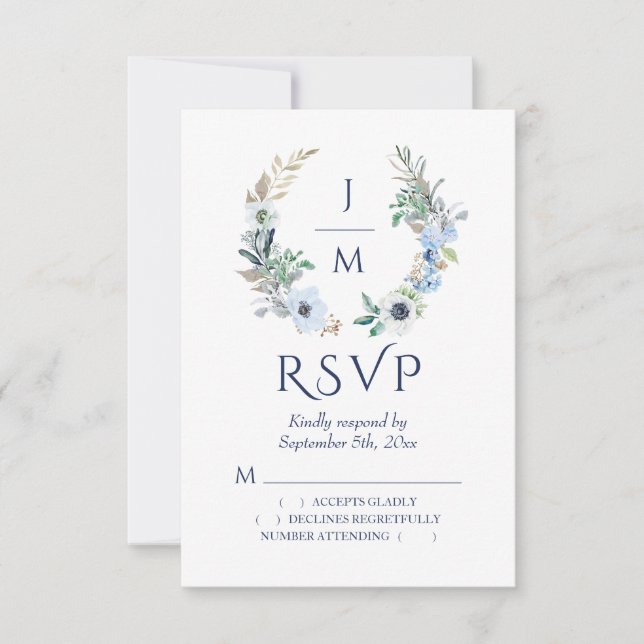 Watercolor Monogram Floral Wreath Wedding Logo RSVP Card (Front)