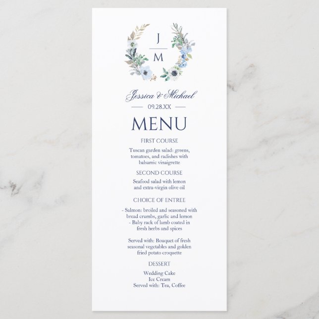 Watercolor Monogram Floral Wreath Wedding Menu (Front)