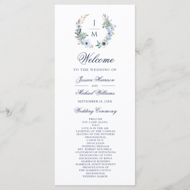 Watercolor Monogram Floral Wreath Wedding Programme (Front)