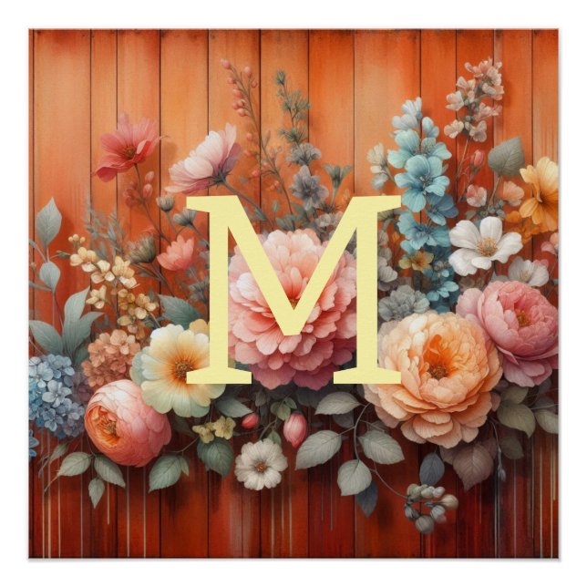 Watercolor monogram flowers terracotta colour wood poster (Front)
