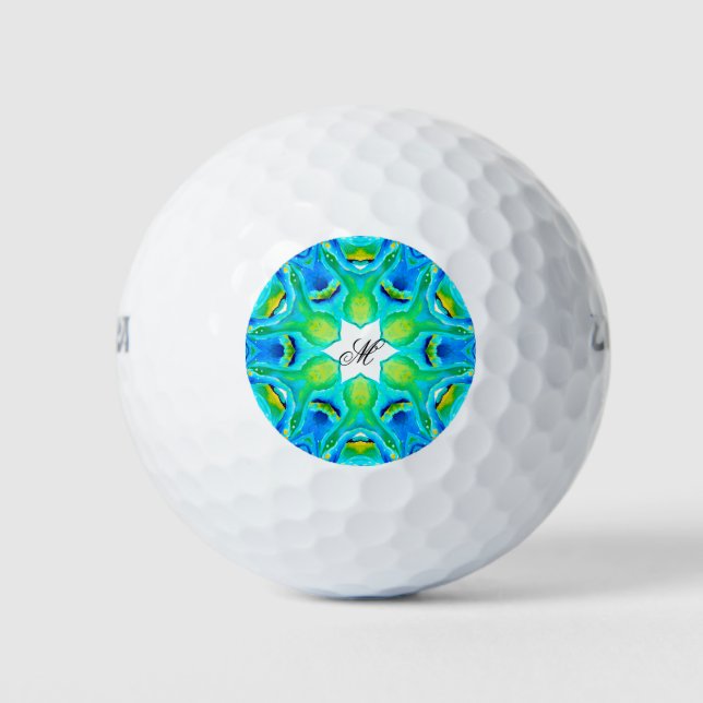 Watercolor Monogram Geometrical Green Abstract Golf Balls (Front)