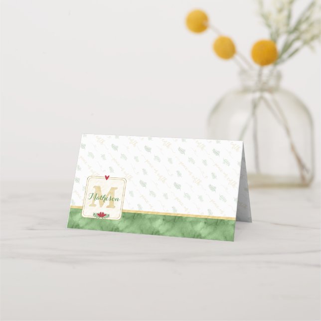 Watercolor Monogram Green & Gold | Peace on Earth Place Card (Front)