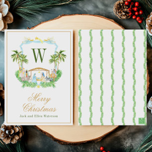 Watercolor Monogram Initial Nativity Crest Holiday Card