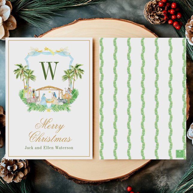 Watercolor Monogram Initial Nativity Crest Holiday Card (Creator Uploaded)