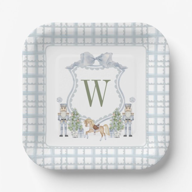 Watercolor Monogram Initial Nutcracker Crest Gift Paper Plate (Front)