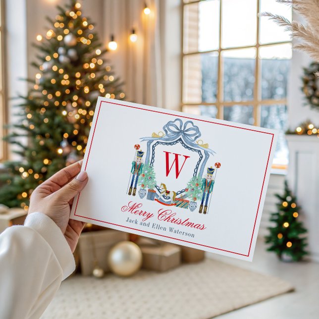Watercolor Monogram Initial Nutcracker Crest Holiday Card (Creator Uploaded)