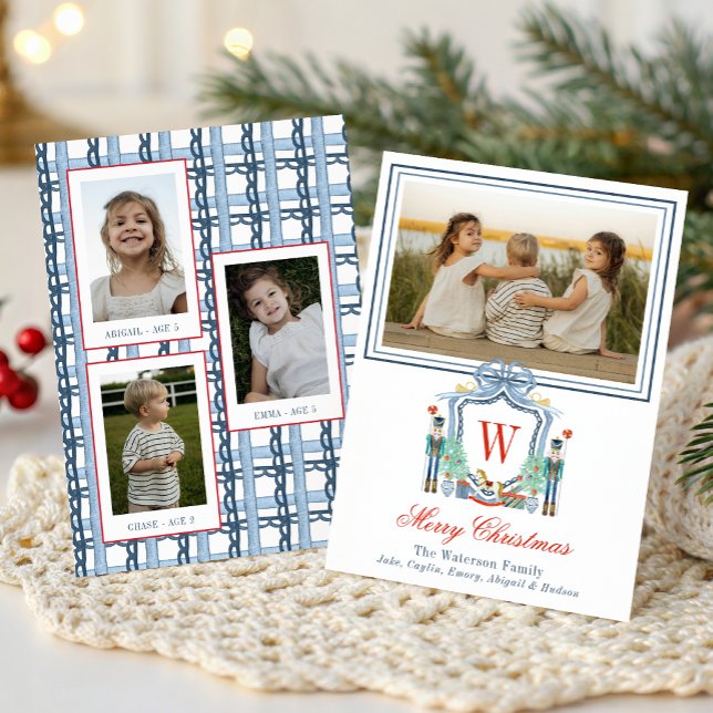 Watercolor Monogram Initial Nutcracker Crest Photo Holiday Card (Creator Uploaded)