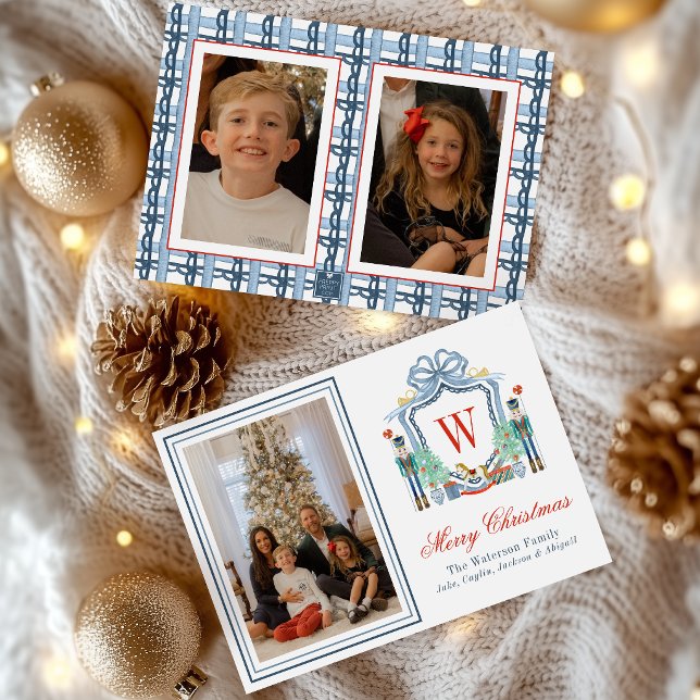 Watercolor Monogram Initial Nutcracker Crest Photo Holiday Card (Creator Uploaded)