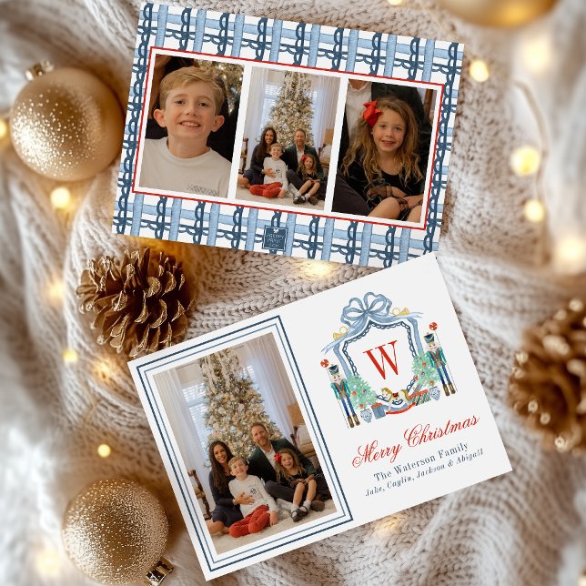 Watercolor Monogram Initial Nutcracker Crest Photo Holiday Card (Creator Uploaded)