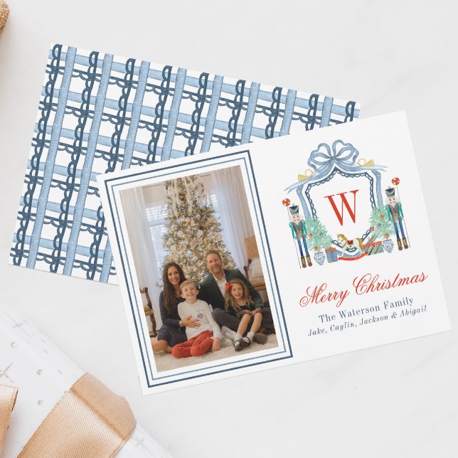 Watercolor Monogram Initial Nutcracker Crest Photo Holiday Card (Creator Uploaded)