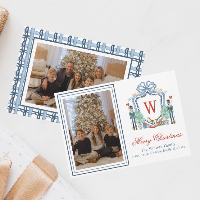 Watercolor Monogram Initial Nutcracker Crest Photo Holiday Card (Creator Uploaded)