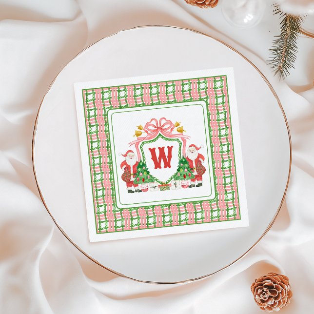 Watercolor Monogram Initial Plaid Santa Crest Napkin (Creator Uploaded)
