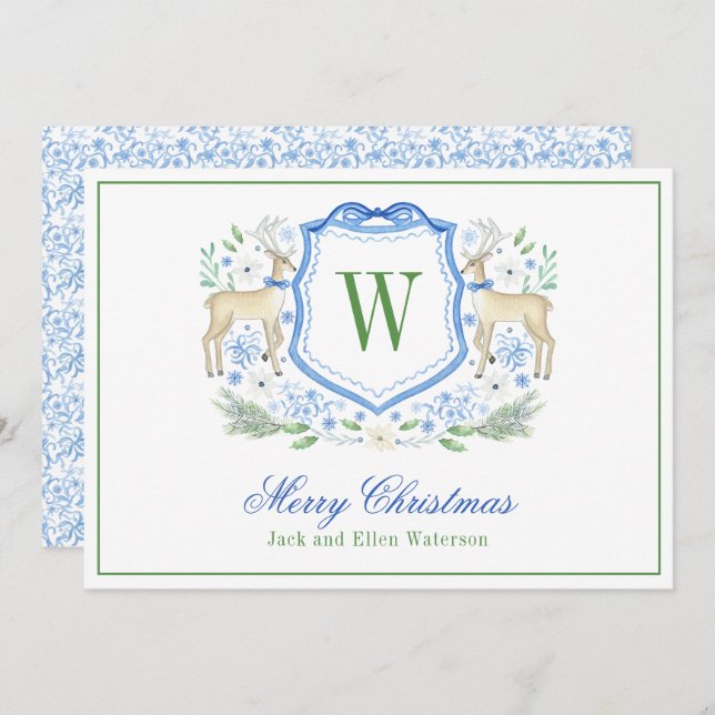 Watercolor Monogram Initial Reindeer Crest Holiday Card (Front/Back)