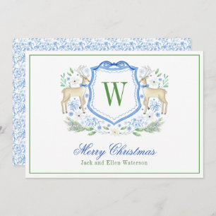 Watercolor Monogram Initial Reindeer Crest Holiday Card