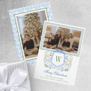 Watercolor Monogram Initial Reindeer Crest Photo Holiday Card