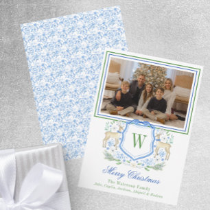 Watercolor Monogram Initial Reindeer Crest Photo Holiday Card