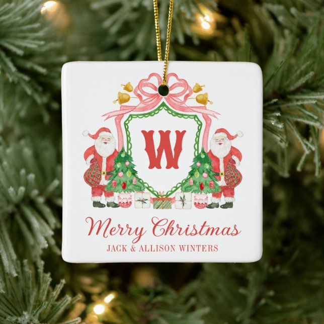 Watercolor Monogram Initial Santa Crest Ceramic Ornament (Tree)