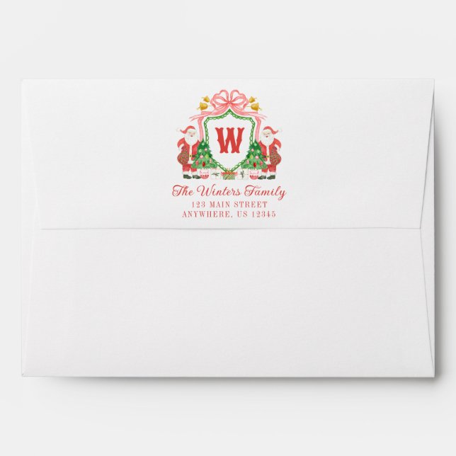Watercolor Monogram Initial Santa Crest Christmas Envelope (Back (Top Flap))