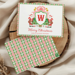 Watercolor Monogram Initial Santa Crest Holiday Card
