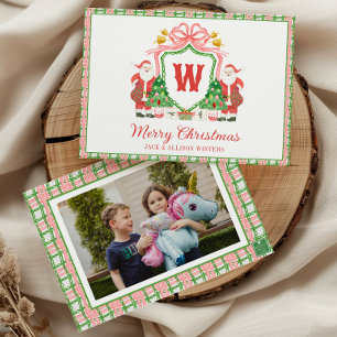 Watercolor Monogram Initial Santa Crest Holiday Card