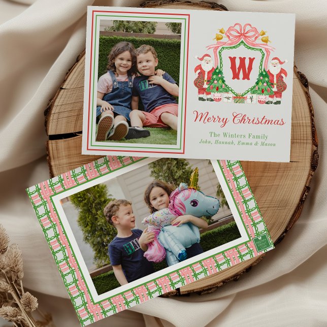 Watercolor Monogram Initial Santa Crest Photo Holiday Card (Creator Uploaded)